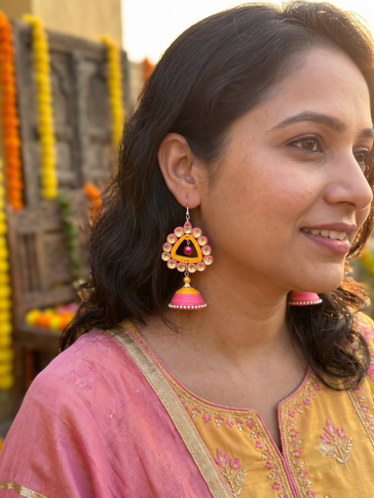 Tannvi's Collections Handmade Paper Quilled Triangle Chandelier Jhumka Earrings - Yellow & Pink with Rhinestones