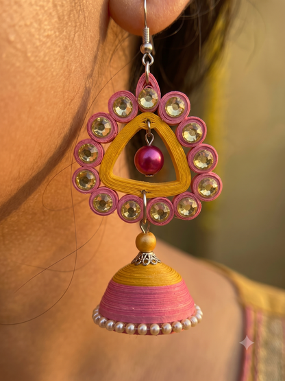 Tannvi's Collections Handmade Paper Quilled Triangle Chandelier Jhumka Earrings - Yellow & Pink with Rhinestones