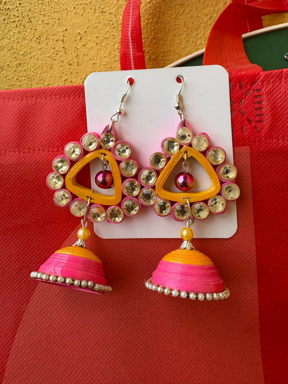 Tannvi's Collections Handmade Paper Quilled Triangle Chandelier Jhumka Earrings - Yellow & Pink with Rhinestones
