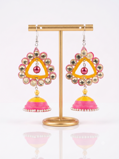 Handmade Paper Quilled Festive Tiered Jhumka Earrings Red and Golden