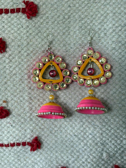 Handmade Paper Quilled Festive Tiered Jhumka Earrings Red and Golden