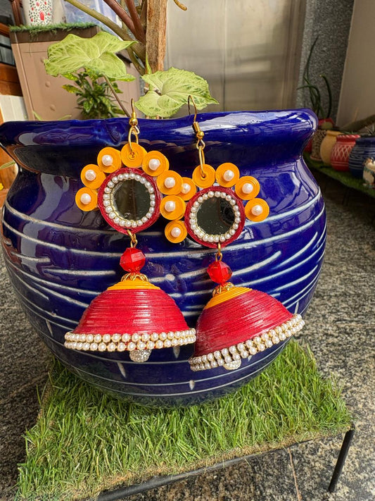Handmade Paper Quilled Triple Tier Royal Jhumka Earrings Multicolor