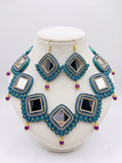 Handmade Paper Quilled Deluxe Peacock Feather Necklace and Earring Set