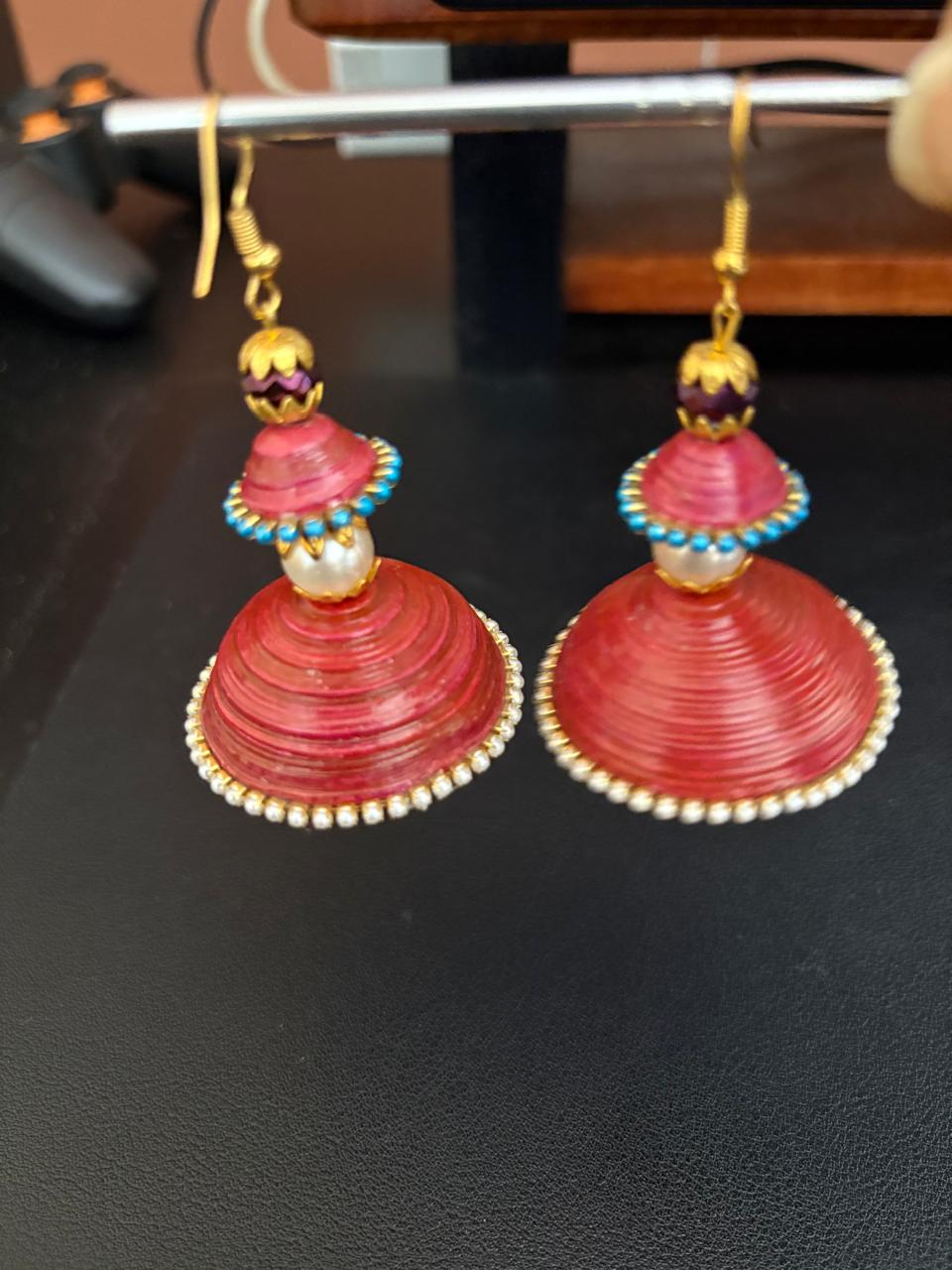 Tannvi's Collections Handcrafted Red & Pink Paper Quilled Jhumka Earrings - Festive Wear