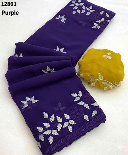 Purple Embroidered Georgette Saree with Contrast Blouse