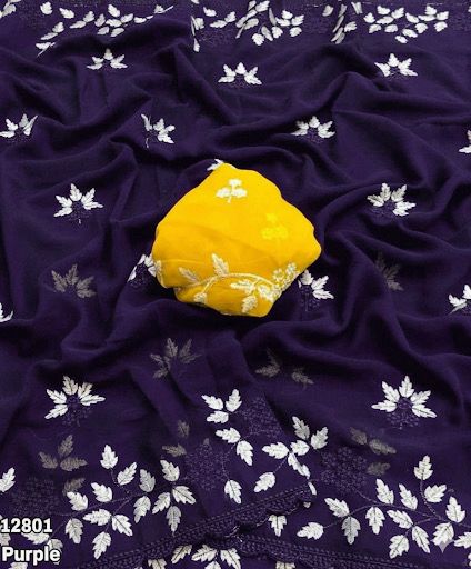 Purple Embroidered Georgette Saree with Contrast Blouse