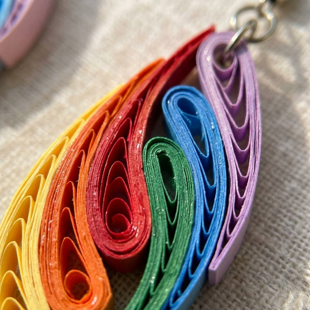 Handmade Paper Quilled Multicolor Teardrop Flame Dangle Earrings