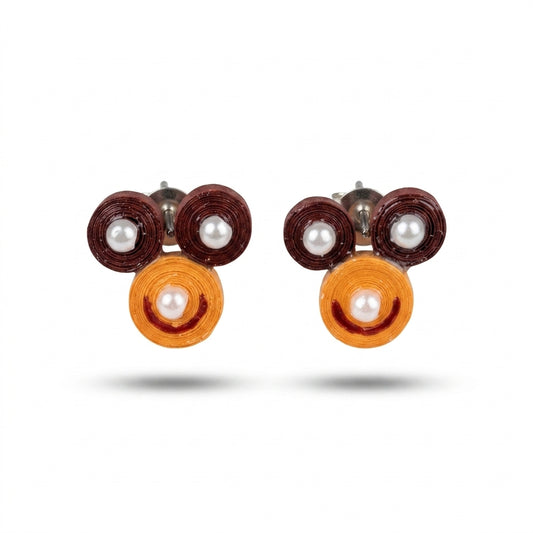 Handmade Paper Quilled Abstract Dual Circle Stud Earrings Brown and Orange