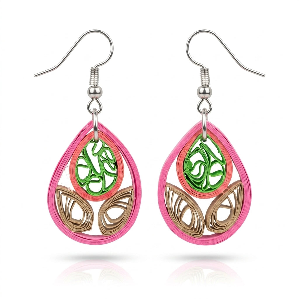 Handmade Paper Quilled Teardrop Lotus Dangle Earrings