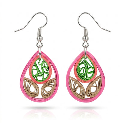 Handmade Paper Quilled Teardrop Lotus Dangle Earrings