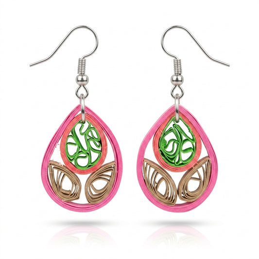 Handmade Paper Quilled Teardrop Lotus Dangle Earrings