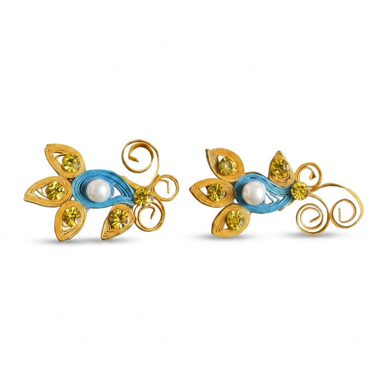 Handmade Paper Quilled Peacock Feather Scroll Stud Earrings