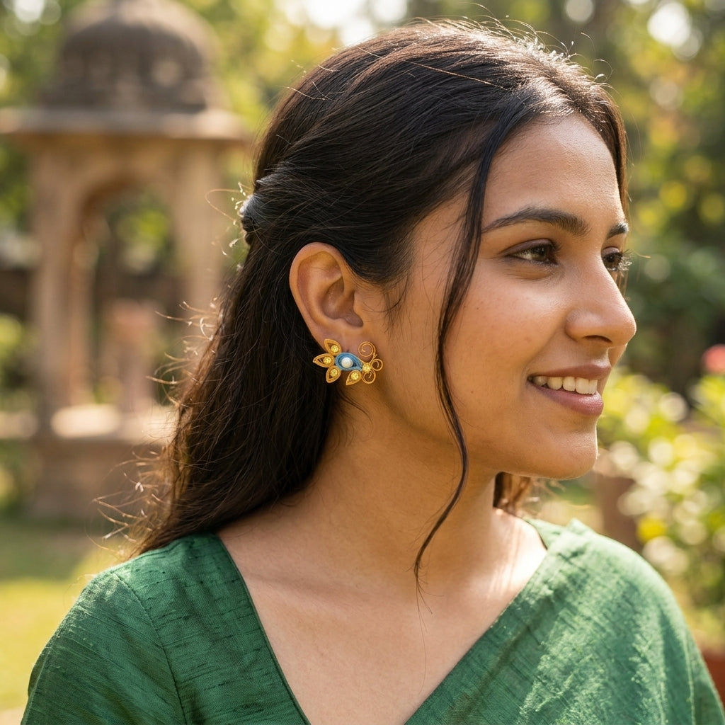 Handmade Paper Quilled Peacock Feather Scroll Stud Earrings