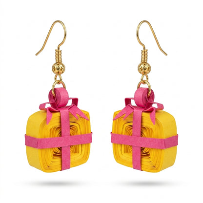 Handmade Paper Quilled 3D Yellow Gift Box Dangle Earrings