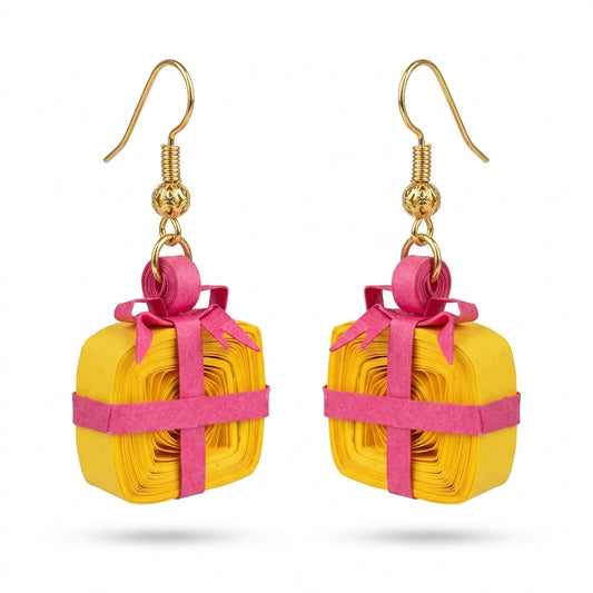 Handmade Paper Quilled 3D Yellow Gift Box Dangle Earrings