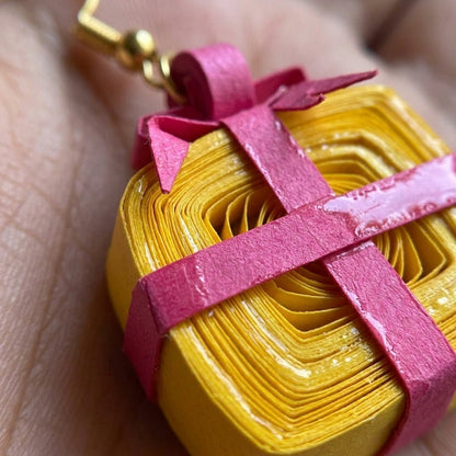 Handmade Paper Quilled 3D Yellow Gift Box Dangle Earrings