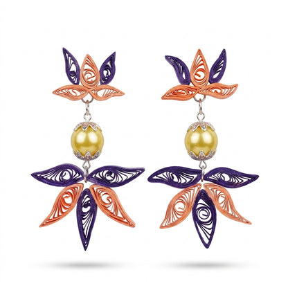 Handmade Paper Quilled Double Lotus Dangle Earrings