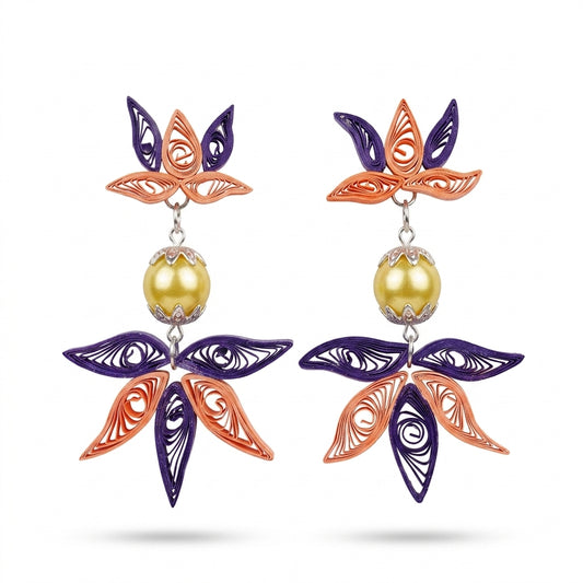 Handmade Paper Quilled Double Lotus Dangle Earrings