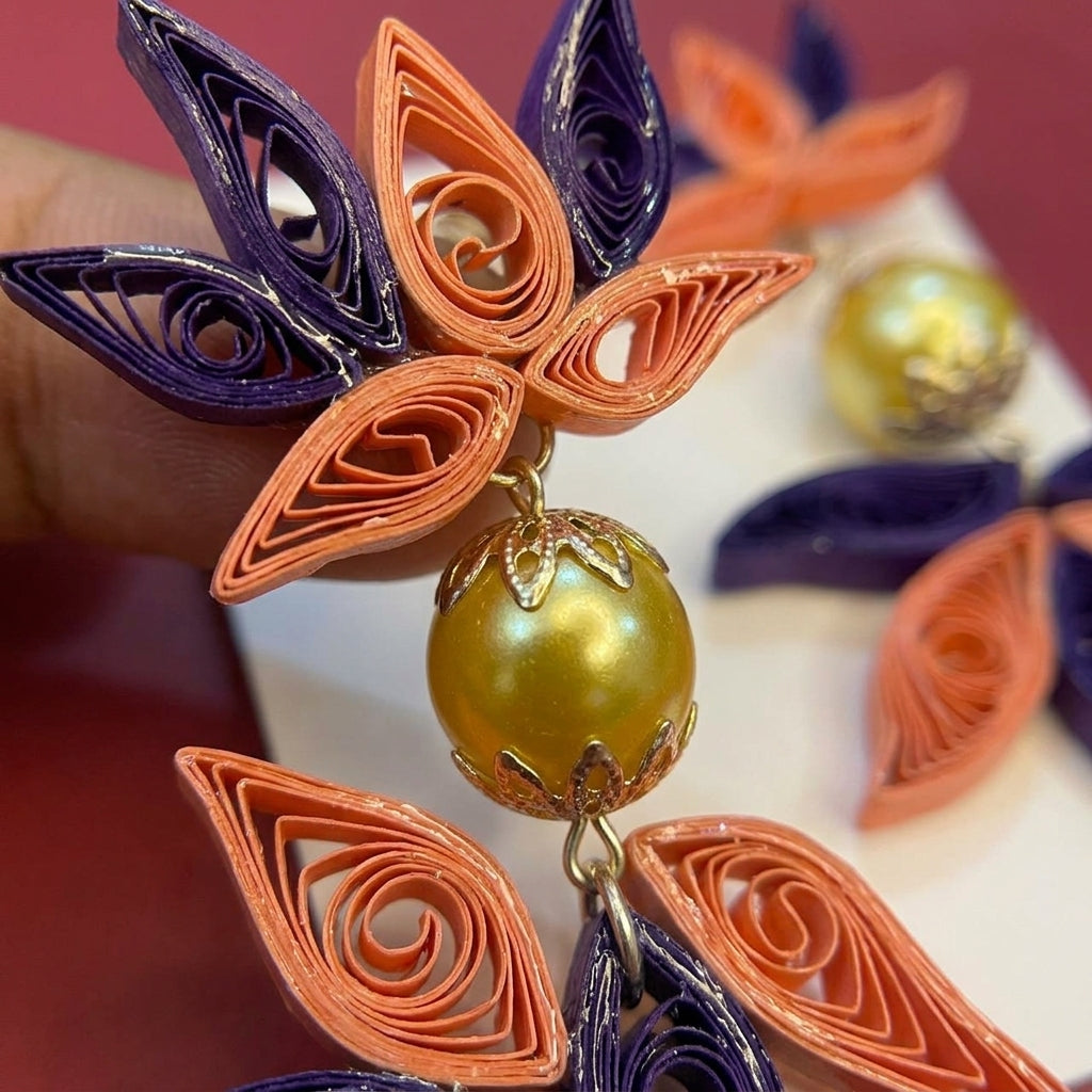 Handmade Paper Quilled Double Lotus Dangle Earrings