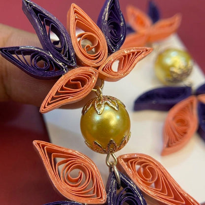 Handmade Paper Quilled Double Lotus Dangle Earrings