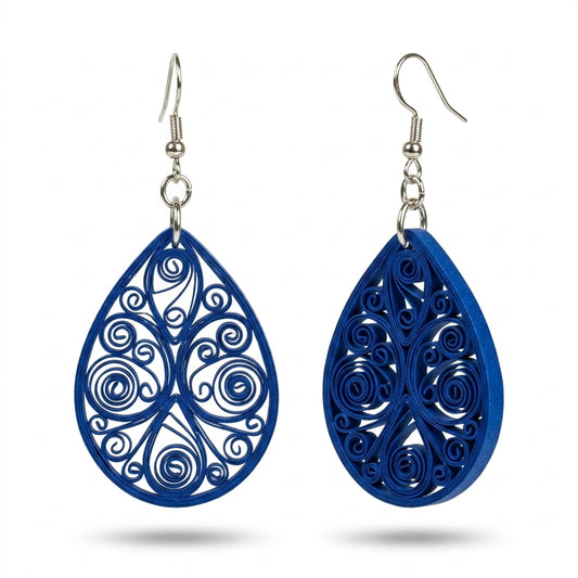 Handmade Paper Quilled Royal Blue Filigree Teardrop Earrings