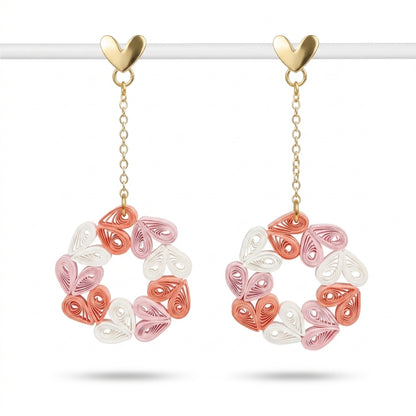 Handmade Paper Quilled Pink and Coral Heart Wreath Drop Earrings with Gold Chain