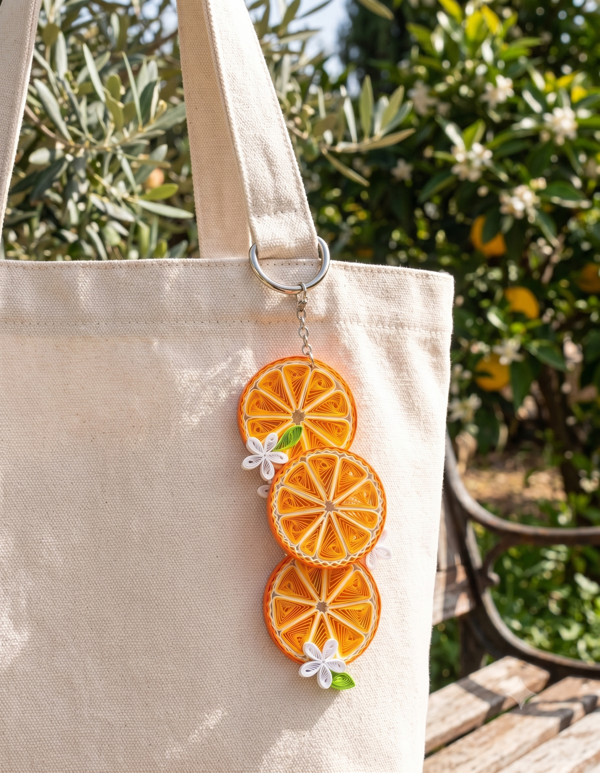 Tannvi's Collections Handmade Paper Quilled 3-Tier Orange Fruit Citrus Slice Charm Keychain / Hanging Ornament