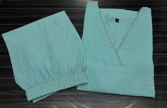 Elegant Embroidered Cotton Kurti & Lacework Pant Set