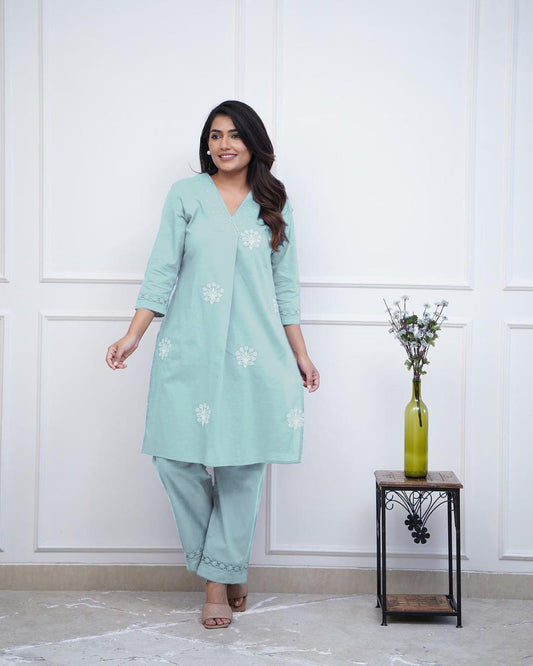 Elegant Embroidered Cotton Kurti & Lacework Pant Set