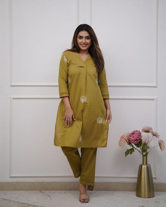 Elegant Embroidered Cotton Kurti & Lacework Pant Set