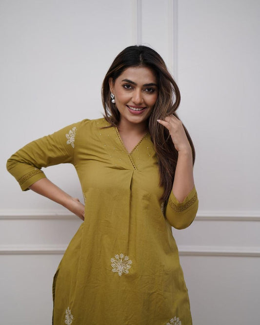 Elegant Embroidered Cotton Kurti & Lacework Pant Set