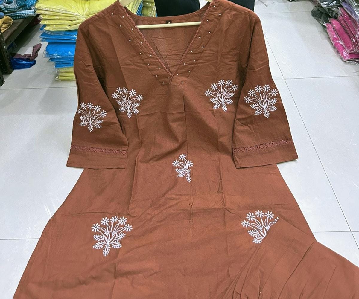 Elegant Embroidered Cotton Kurti & Lacework Pant Set