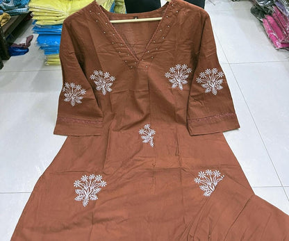Elegant Embroidered Cotton Kurti & Lacework Pant Set