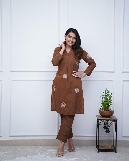 Elegant Embroidered Cotton Kurti & Lacework Pant Set