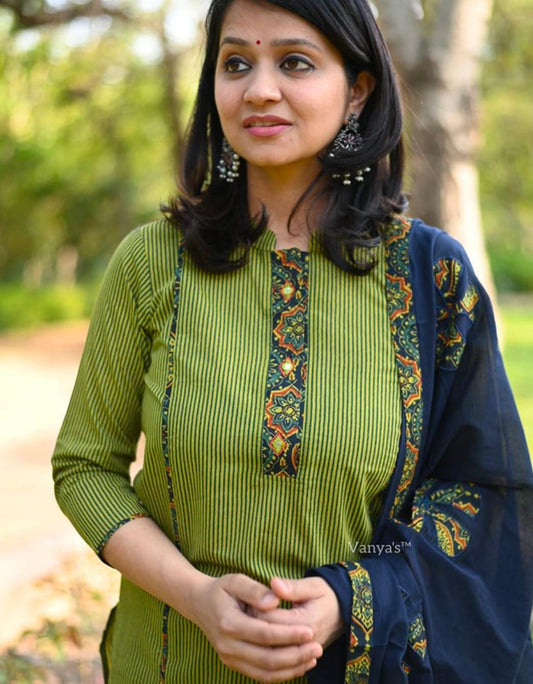 Pure Cotton Ajrak Suit with Applique Dupatta