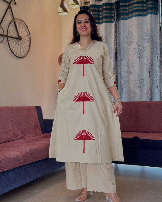 Festive Cotton Embroidered Kurti Pant Set
