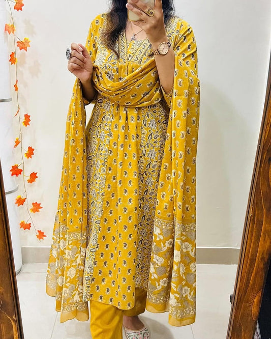 Embroidered Cotton Anarkali Set with Dupatta