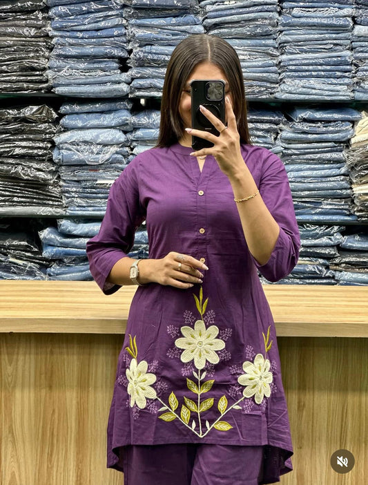Classy Cotton Kurti Pant Set with Embroidery