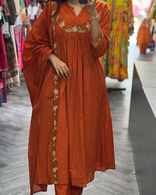 Elegant A-Line Kurta Pant Dupatta Set with Adda Work