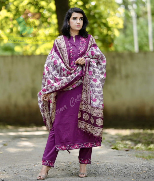 Handloom Cotton Embroidered Kurti Pant Set with Khadi Silk Banarasi Dupatta