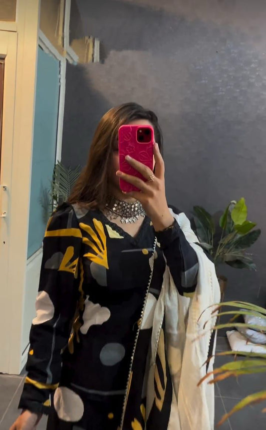 Black Cotton Suit Set with Mulmul Dupatta