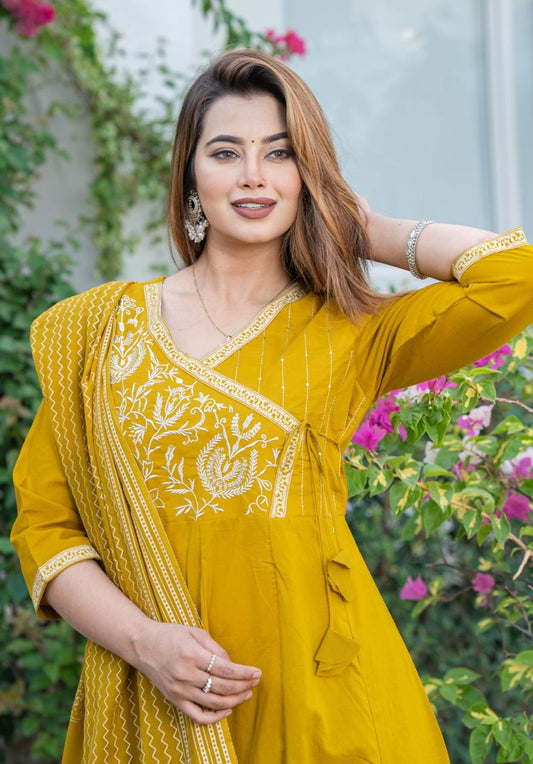 Ethnic Heavy Cotton Embroidered Kurti Set with Dupatta