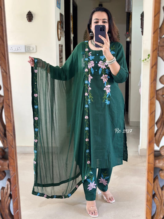 Exclusive Cotton Slub Embroidered Suit Set with Nazmin Dupatta