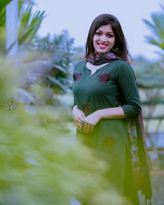 Bottle Green Khadi Rose Embroidered Suit Set