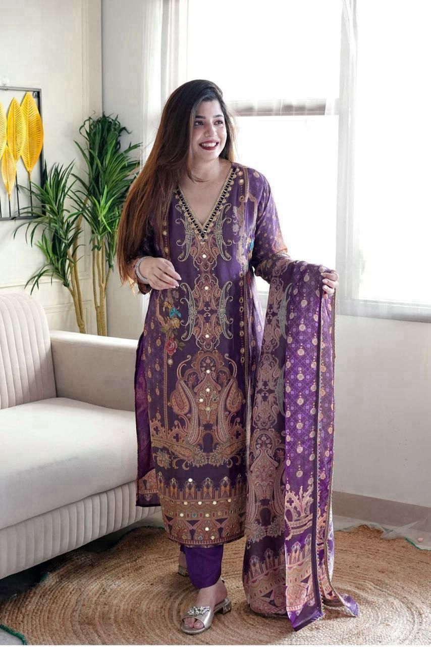 Diwali 2025 Multicolour Satin Suit Set with Dupatta