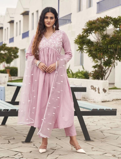 Embroidery Cotton Gown Set with Dupatta