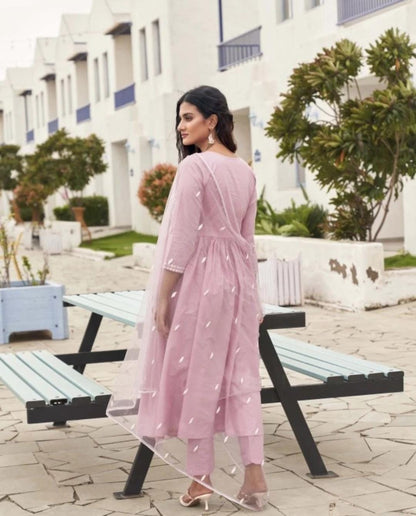 Embroidery Cotton Gown Set with Dupatta