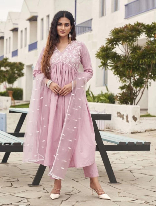 Embroidery Cotton Gown Set with Dupatta