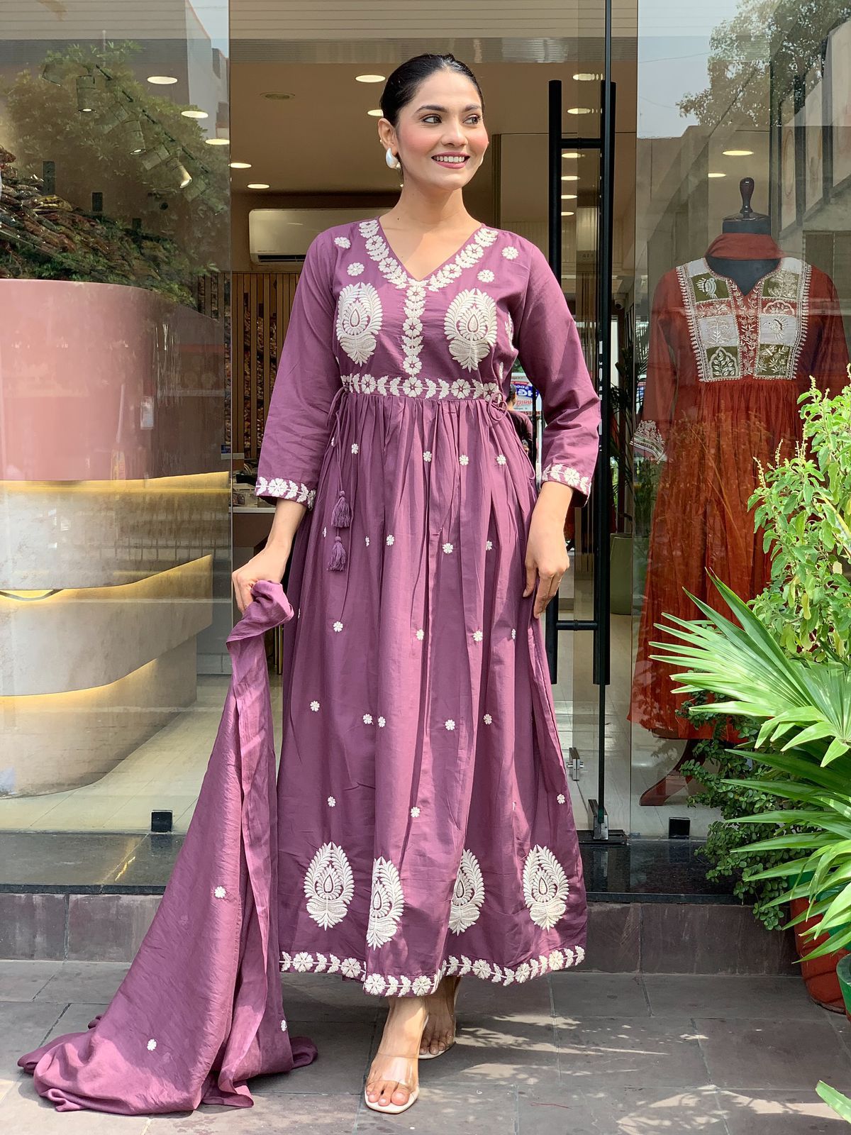 Anarkali Cotton Embroidered Kurta Set with Dupatta