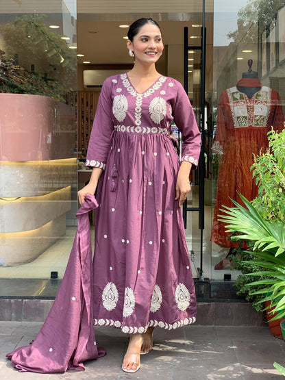 Anarkali Cotton Embroidered Kurta Set with Dupatta